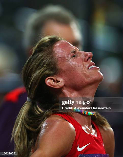 Morgan Uceny of the United States reacts after falling and failing to finish in the Women's 1500m Final on Day 14 of the London 2012 Olympic Games at...