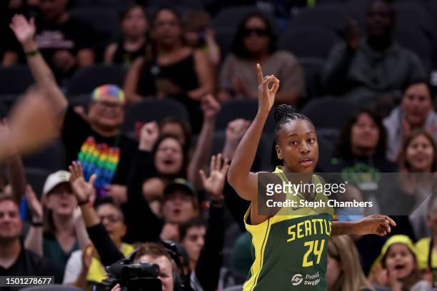 Jewell Loyd of the Seattle Storm reacts after her basket against the Phoenix Mercury during the first quarter at Climate Pledge Arena on June 24,...