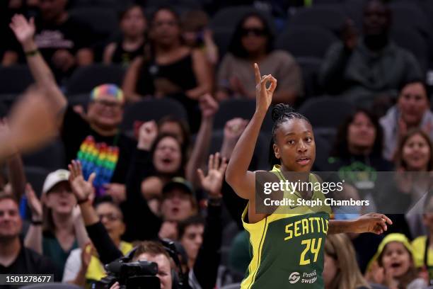 Jewell Loyd of the Seattle Storm reacts after her basket against the Phoenix Mercury during the first quarter at Climate Pledge Arena on June 24,...