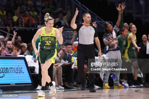 Sami Whitcomb of the Seattle Storm reacts after her three point basket against the Phoenix Mercury during the second quarter at Climate Pledge Arena...