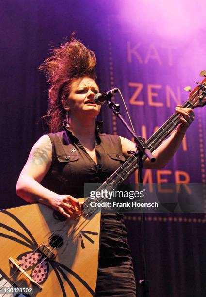 Singer Marianne Sveen of the band Katzenjammer performs live during a concert at the Zitadelle Spandau on August 10, 2012 in Berlin, Germany.