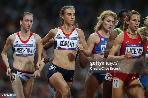 Laura Weightman of Great Britain, Lisa Dobriskey of Great Britain and Morgan Uceny of the United States compete in the Women's 1500m Final on Day 14...