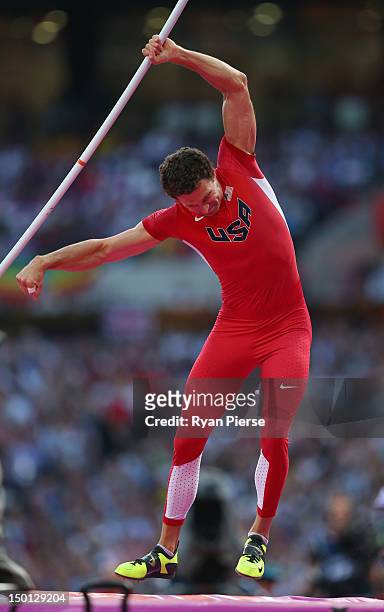 Brad Walker of the United States competes during the Men's Pole Vault Final on Day 14 of the London 2012 Olympic Games at Olympic Stadium on August...