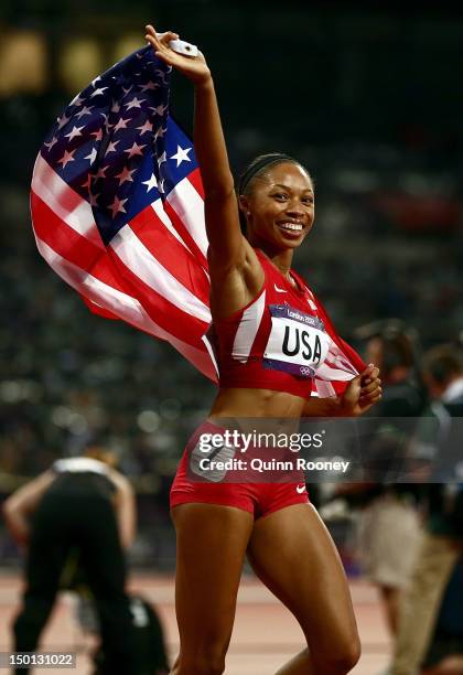 Allyson Felix of the United States celebrates winning gold in the Women's 4 x 100m Relay Final on Day 14 of the London 2012 Olympic Games at Olympic...