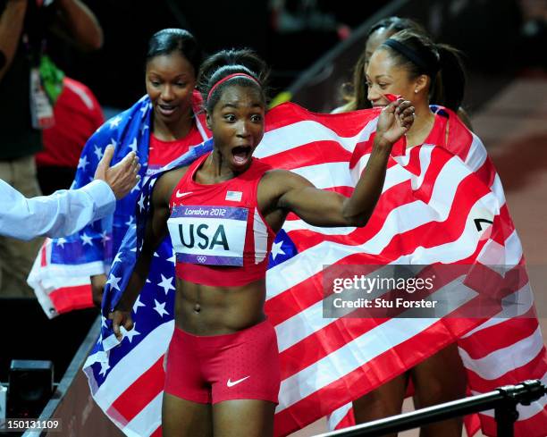 Tianna Madison of the United States celebrates winning gold in the Women's 4 x 100m Relay Final on Day 14 of the London 2012 Olympic Games at Olympic...