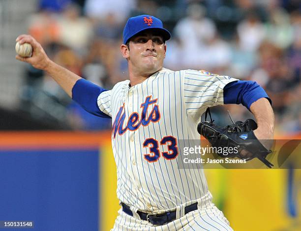 New York, NY Matt Harvey of the New York Mets pitches against the Atlanta Braves at Citi Field on August 10, 2012 in the Flushing neighborhood of the...