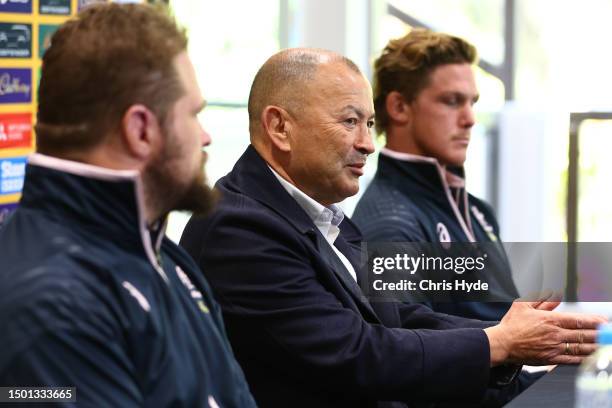 Wallabies head coach Eddie Jones speaks with media with co-captains James Slipper and Michael Hooper during the Australian Wallabies Rugby...