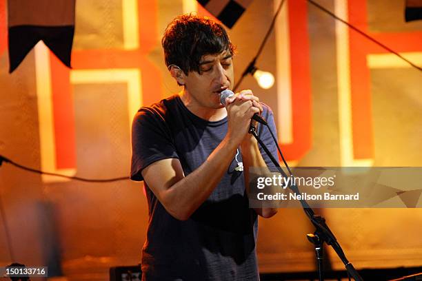 Lead singer Edward Droste of the indie rock band "Grizzly Bear" performs on stage during Pepsi Presents StePhest Colbchella '012: Rocktaugustfest on...