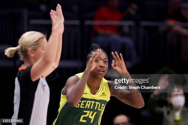 Jewell Loyd of the Seattle Storm reacts after her three point basket against the Phoenix Mercury during the third quarter at Climate Pledge Arena on...