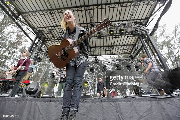 Musician Nanna Bryndis Hilmarsdottir of the band Of Monsters and Men performs at the Sutro Stage during day 1 of the 2012 Outside Lands Music and...