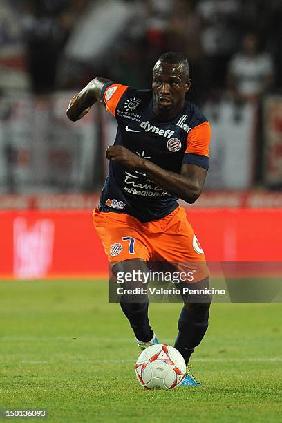 John Utaka of Montpellier Herault SC in action during the Ligue 1 match between Montpellier Herault SC and Toulouse FC at Stade de la Mosson on...