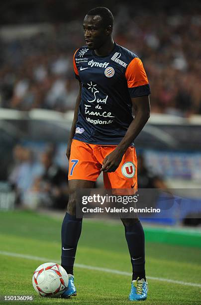 John Utaka of Montpellier Herault SC in action during the Ligue 1 match between Montpellier Herault SC and Toulouse FC at Stade de la Mosson on...