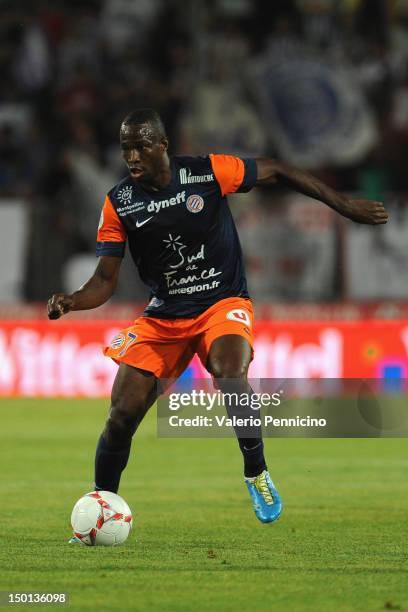 John Utaka of Montpellier Herault SC in action during the Ligue 1 match between Montpellier Herault SC and Toulouse FC at Stade de la Mosson on...