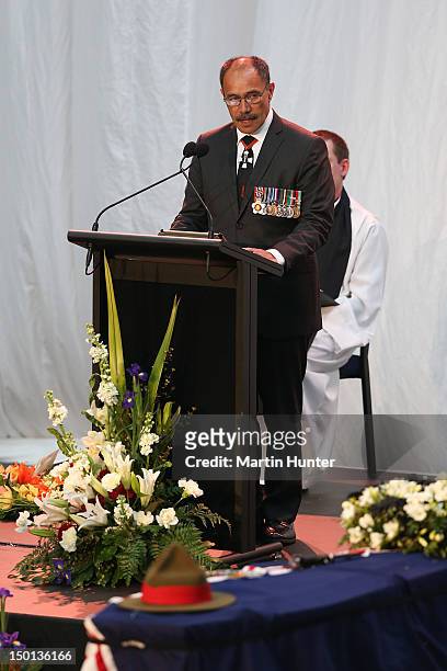 Governor-General Sir Jerry Mateparae addresses a Military Commemorative Service for LCPL Durrer and LCPL Malone at Burnam Military Camp on August 11,...