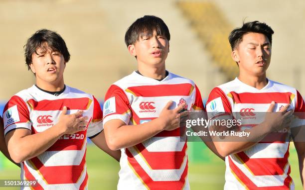 Players line up for the the national anthems during the World Rugby U20 Championship 2023, group A match between New Zealand and Japan at Danie...