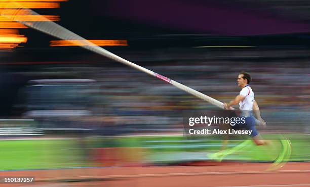 Renaud Lavillenie of France competes in the Men's Pole Vault Final on Day 14 of the London 2012 Olympic Games at Olympic Stadium on August 10, 2012...