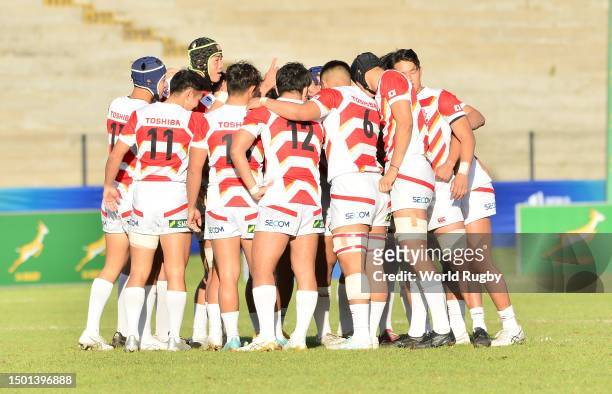 Players huddle during the World Rugby U20 Championship 2023, group A match between New Zealand and Japan at Danie Craven Stadium on July 4, 2023 in...