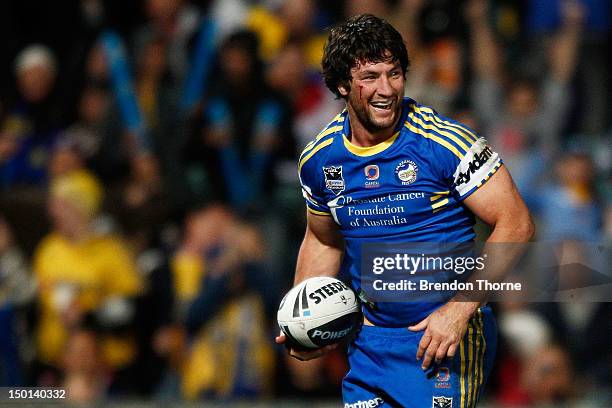 Nathan Hindmarsh of the Eels celebrates after scoring a try against the Roosters during the round 23 NRL match between the Parramatta Eels and the...