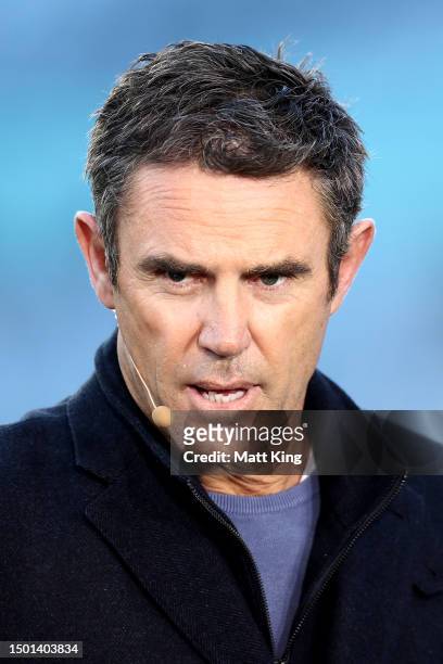 Brad Fittler looks on during the round 17 NRL match between South Sydney Rabbitohs and North Queensland Cowboys at Accor Stadium on June 25, 2023 in...