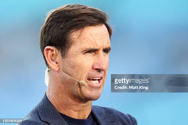 Andrew Johns looks on during the round 17 NRL match between South Sydney Rabbitohs and North Queensland Cowboys at Accor Stadium on June 25, 2023 in...