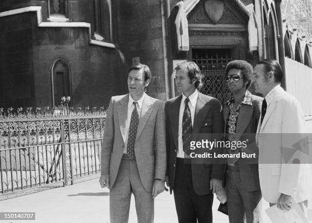 Croatian tennis player Nikola Pilic , outside the High Court in London with tennis players Cliff Drysdale, Arthur Ashe and Jack Kramer, 18th June...