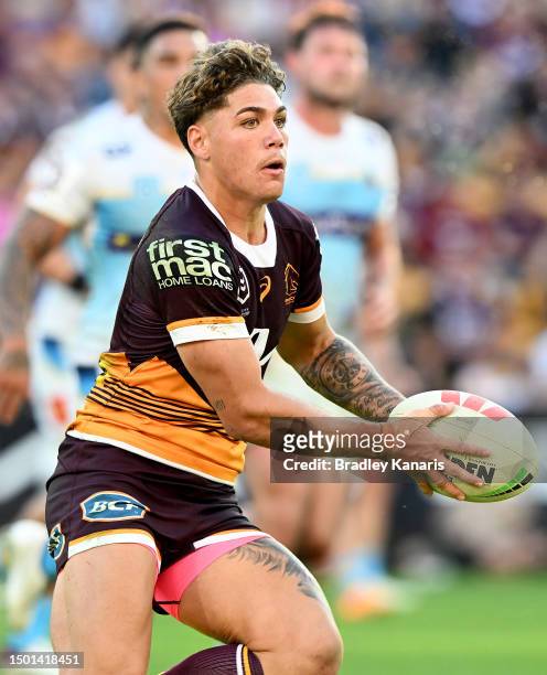 Reece Walsh of the Broncos inaduring the round 17 NRL match between Brisbane Broncos and Gold Coast Titans at Suncorp Stadium on June 25, 2023 in...