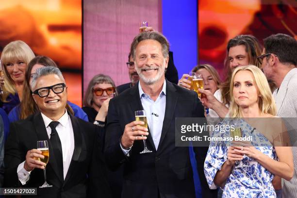 Lead with Love Celebrity Participants toast during Project Angel Food's Lead with Love 4 - A Fundraising Special on KTLA at KTLA 5 on June 24, 2023...