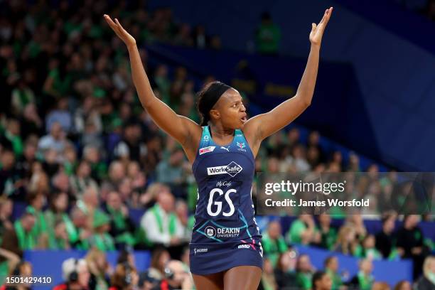 Mwai Kumwenda of the vixens fires up the crowd after a goal during the Super Netball Semifinal match between Melbourne Vixens and West Coast Fever at...