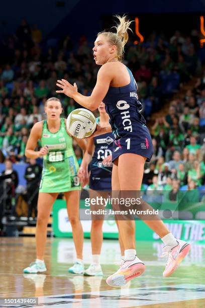 Kate Moloney of the vixens looks for passing options during the Super Netball Semifinal match between Melbourne Vixens and West Coast Fever at RAC...