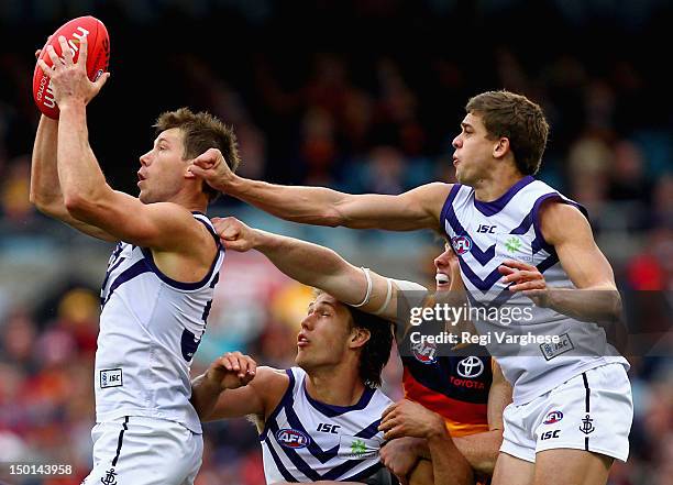 Lee Spurr of the Dockers marks during the round 20 AFL match between the Adelaide Crows and the Fremantle Dockers at AAMI Stadium on August 11, 2012...