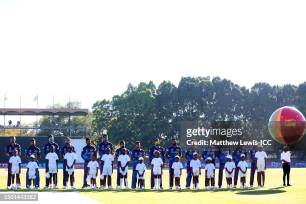 Sri Lanka players line up prior to the ICC Men's Cricket World Cup Qualifier Zimbabwe 2023 match between the Sri Lanka and Ireland at Queen’s Sports...
