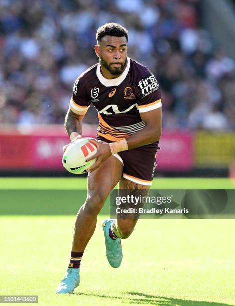 Ezra Mam of the Broncos in action during the round 17 NRL match between Brisbane Broncos and Gold Coast Titans at Suncorp Stadium on June 25, 2023 in...