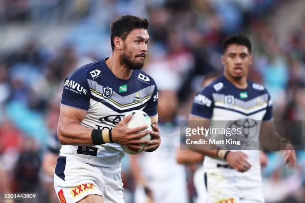 Jordan McLean of the Cowboys runs with the ball during the round 17 NRL match between South Sydney Rabbitohs and North Queensland Cowboys at Accor...
