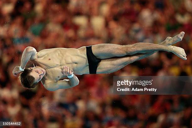 Nicholas McCrory of United States competes in the Men's 10m Platform Diving Semifinal on Day 15 of the London 2012 Olympic Games at the Aquatics...