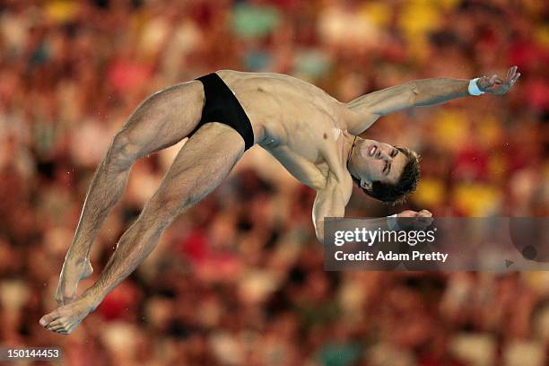 Nicholas McCrory of United States competes in the Men's 10m Platform Diving Semifinal on Day 15 of the London 2012 Olympic Games at the Aquatics...