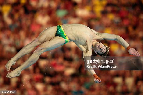 Matthew Mitcham of Australia competes in the Men's 10m Platform Diving Semifinal on Day 15 of the London 2012 Olympic Games at the Aquatics Centre on...