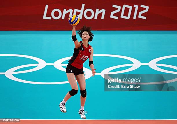 Saori Kimura of Japan serves against Korea during the Women's Volleyball on Day 15 of the London 2012 Olympic Games at Earls Court on August 11, 2012...