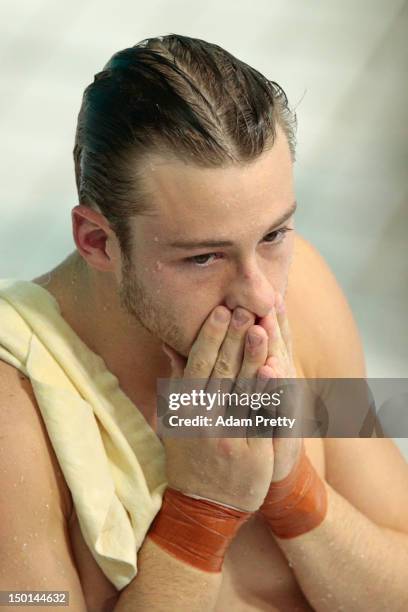 Matthew Mitcham of Australia looks on after missing out on qualifying for the final in the Men's 10m Platform Diving on Day 15 of the London 2012...