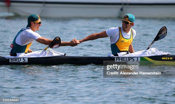 Jesse Phillips and Stephen Bird of Australia shake hands after the Men's Kayak Double 200m Canoe Sprint Final on Day 15 of the London 2012 Olympic...