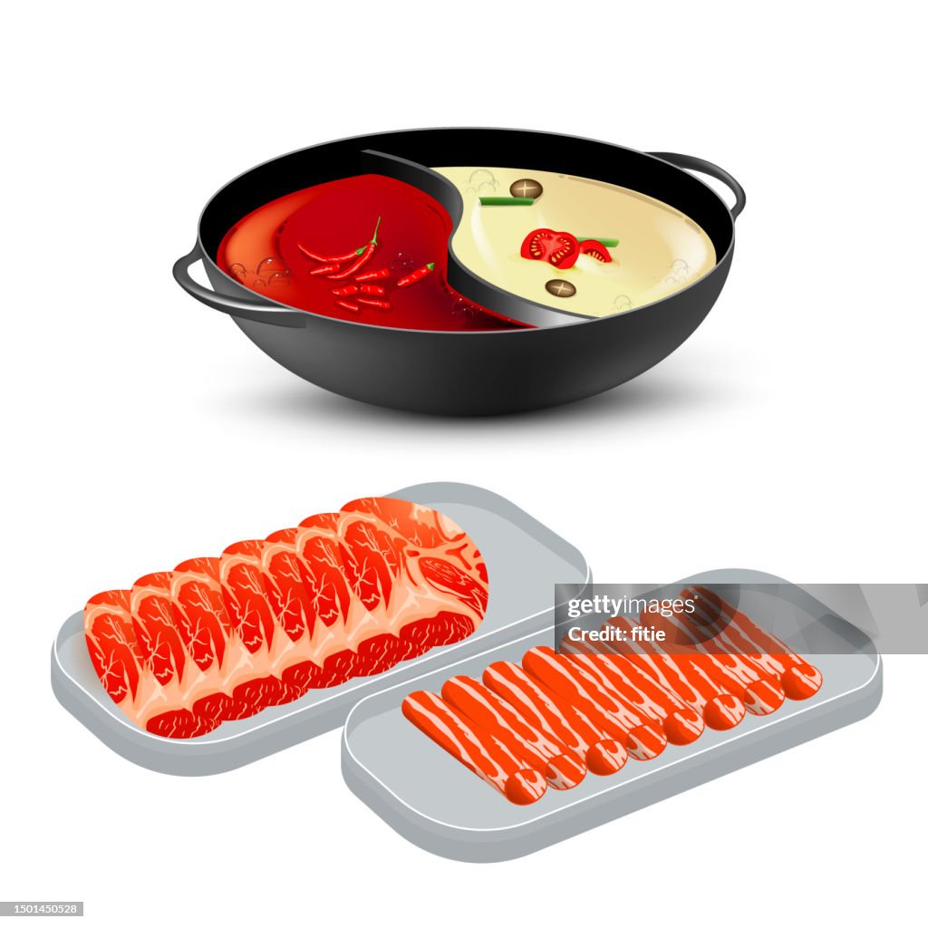 Traditional Hotpot Soup with Ingredients,Spicy and Non-spicy variation of traditional Chinese dish.meat, a plate of meat