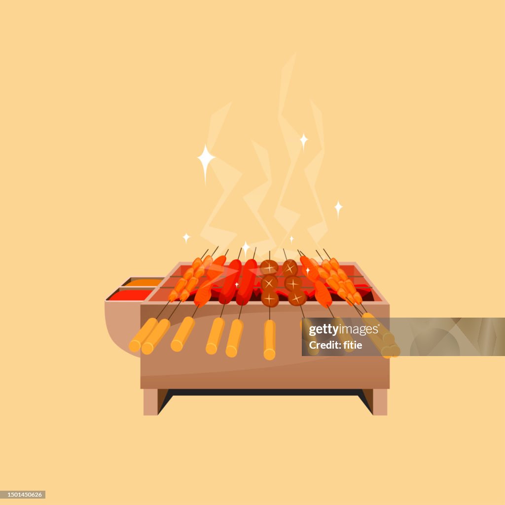 Delicious grilled bbq goat skewer street food .Traditional Chinese Street Food, Skewers Meat On Barbecue Grill At Food Stall