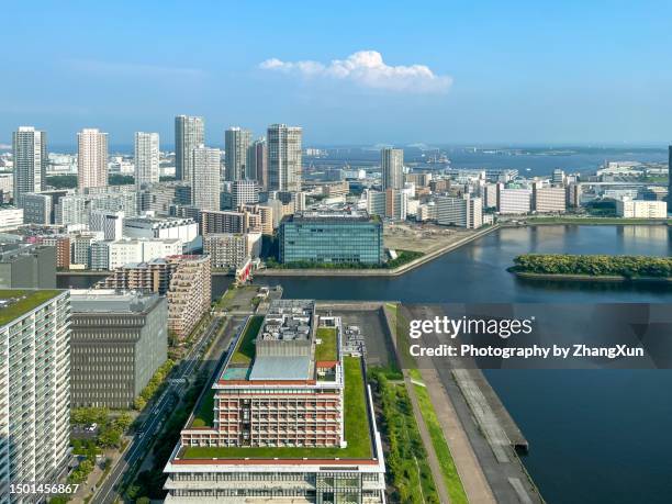 aerial view of tokyo city in the day time, toyosu aera. - kachidoki tokyo stock pictures, royalty-free photos & images