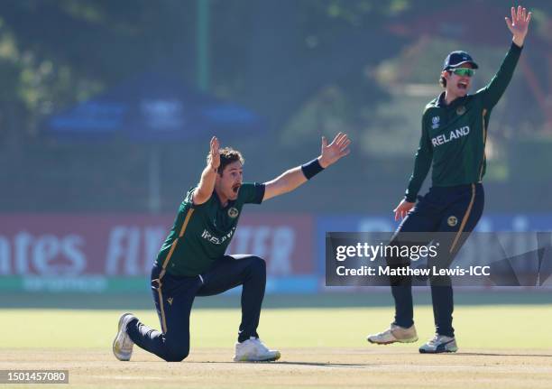 Mark Adair and George Dockrell of Ireland appeal unsuccessfully for lbw against Pethum Nissanka of Sri Lanka during the ICC Men's Cricket World Cup...