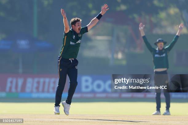 Mark Adair of Ireland appeals unsuccessfully for lbw against Pethum Nissanka of Sri Lanka during the ICC Men's Cricket World Cup Qualifier Zimbabwe...