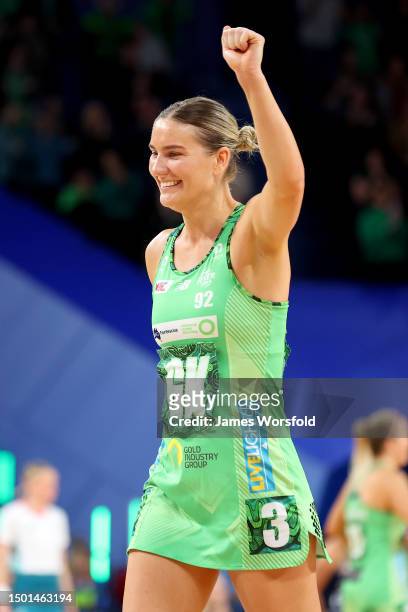 Courtney Bruce of the Fever celebrates the win during the Super Netball Semifinal match between Melbourne Vixens and West Coast Fever at RAC Arena,...