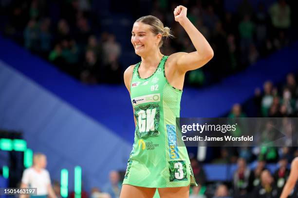 Courtney Bruce of the Fever celebrates the win during the Super Netball Semifinal match between Melbourne Vixens and West Coast Fever at RAC Arena,...