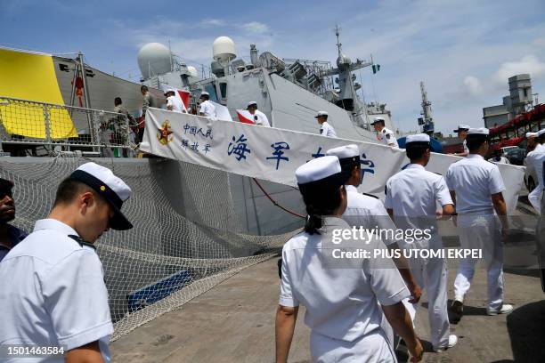 Escort squadrons of the Chinese Navy Task Group 162 boards a warship at Apapa harbour in Lagos, on July 4, 2023. Three Chinese warships are visiting...