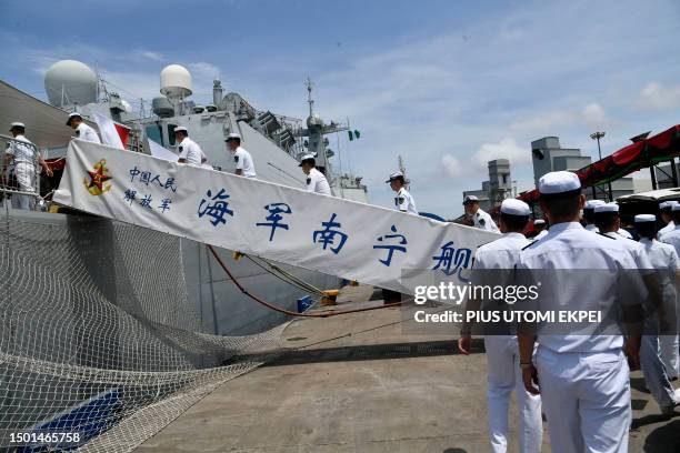 Escort squadrons of the Chinese Navy Task Group 162 boards a warship at Apapa harbour in Lagos, on July 4, 2023. Three Chinese warships are visiting...