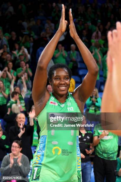 Jhaniele Fowler of the Fever acknowledges the crowd after their win during the Super Netball Semifinal match between Melbourne Vixens and West Coast...