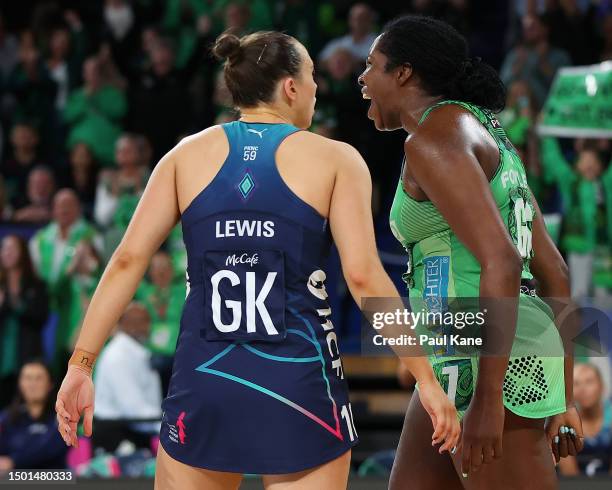 Jhaniele Fowler of the Fever celebrates during the Super Netball Semifinal match between Melbourne Vixens and West Coast Fever at RAC Arena, on June...